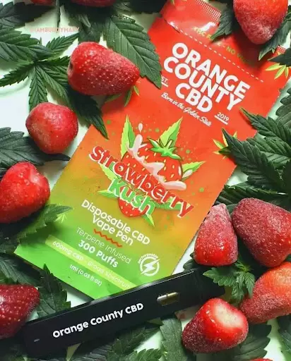 orange county cbd disposable vape pen packaging and disposable device surrounded by strawberrys from instagram account @iambuddymary