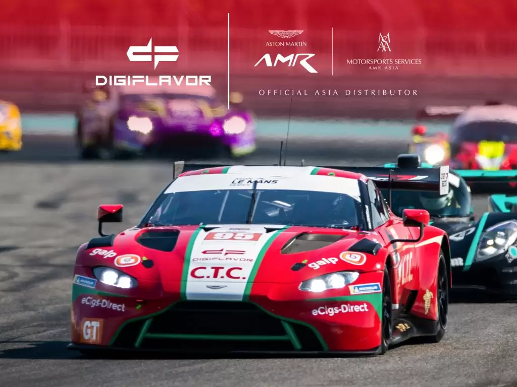 Red and white Digiflavor sponsored Aston Martin race car on the Asian Le Mans Series 2022 circuit