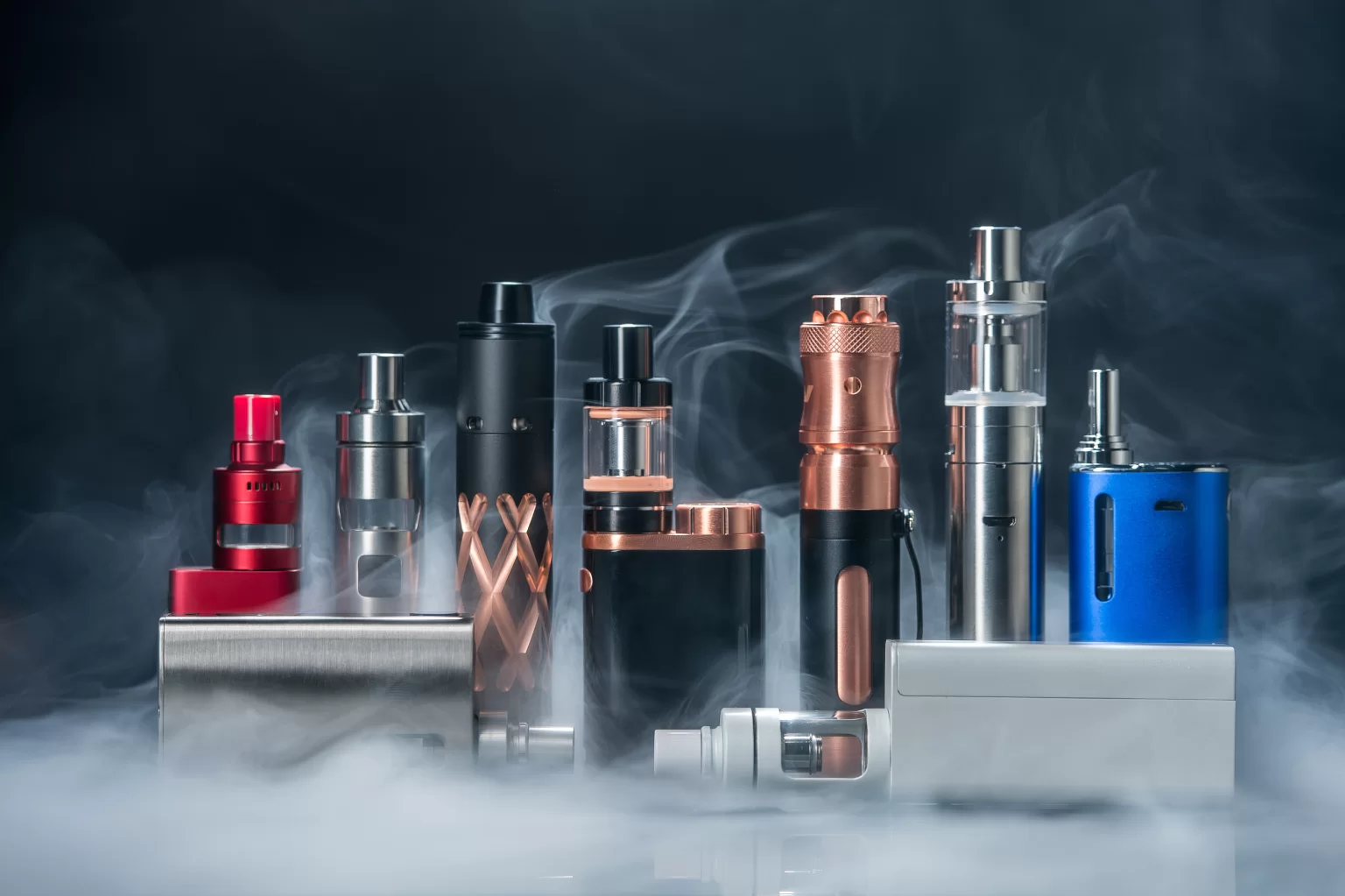 selection of vape mods, vape pod systems, e-cigarette pens