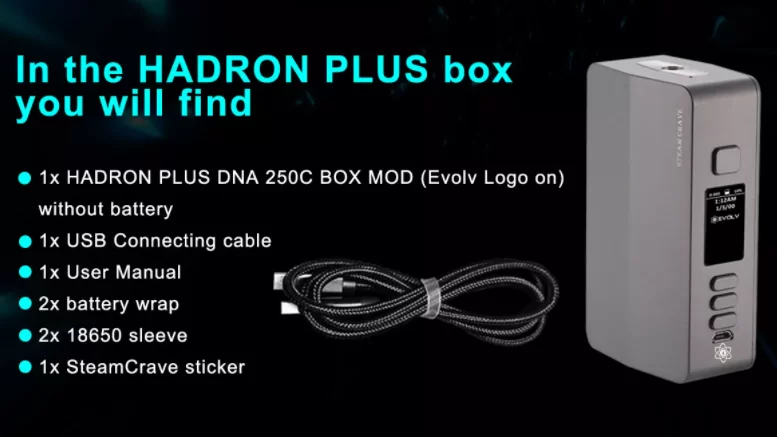 promotional artwork for the steam crave hardon plus dna250c identifying what you will receive inside the box. These include a USB charging cable, user manual, battery wraps, 1860 sleeve and steam crave sticker.