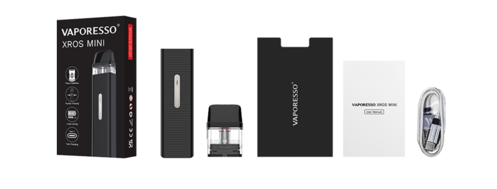 Unboxing the Vaporesso XROS Mini - black box packaging, XROS Mini pod system device, refillable pod, leaflet sleeve and USB-C charging cable
