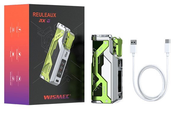 wismec reuleaux rx g green and silver vape mod, usb-c charging cable and exterior box