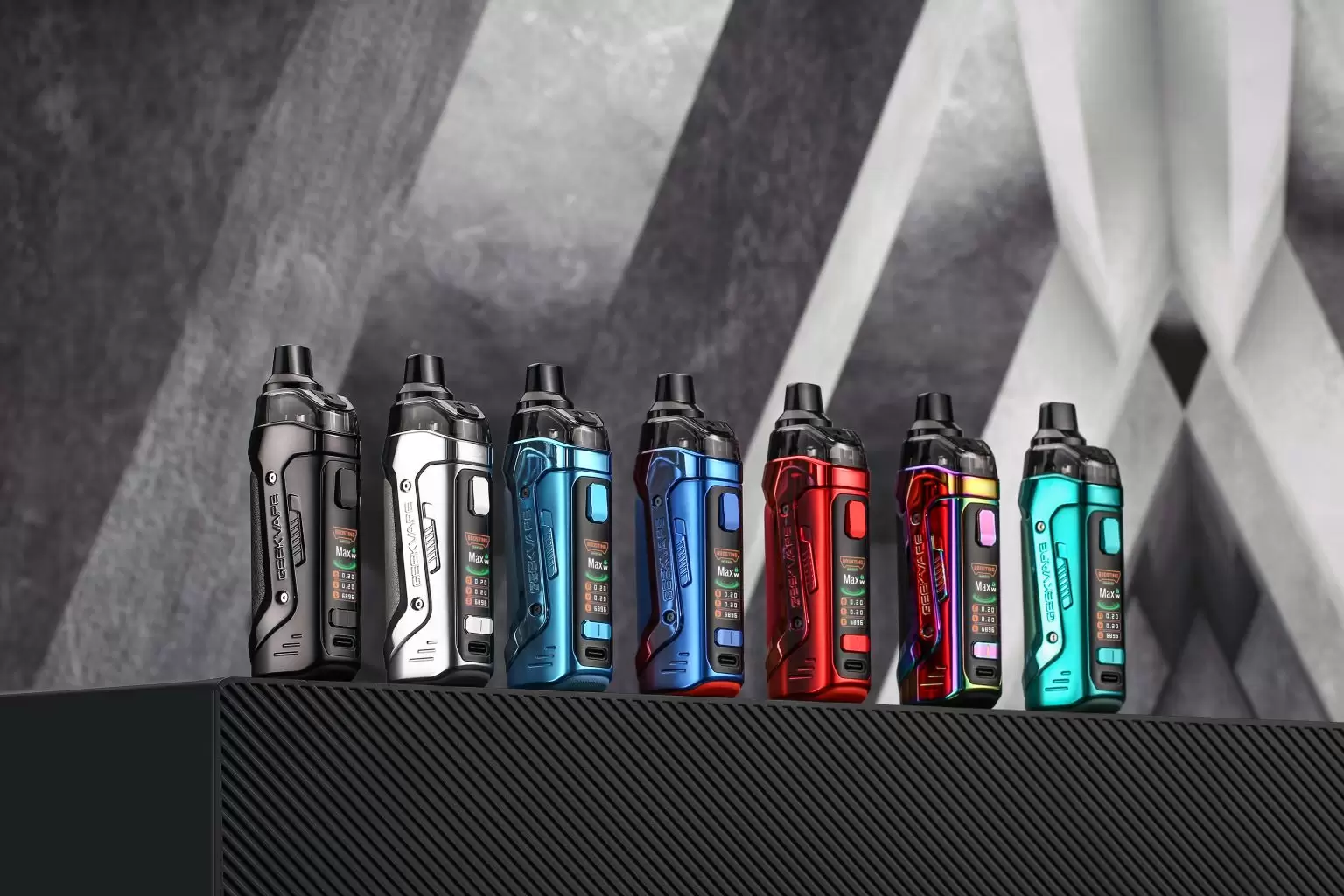 full range of geekvape aegis boost 2 vape devices in 7 colour ways on a black shelf