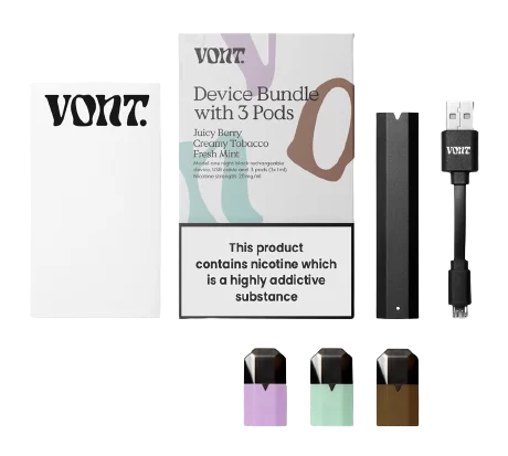 VONT one device pod system bundle with 3 pods, manual and usb charging cable