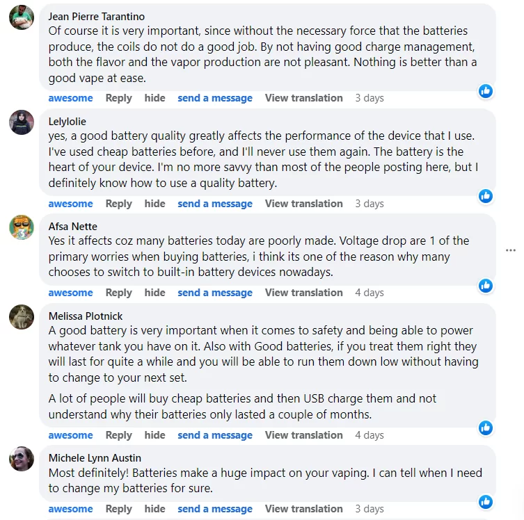 conversation thread on vape batteries on geekvape post on facebook 