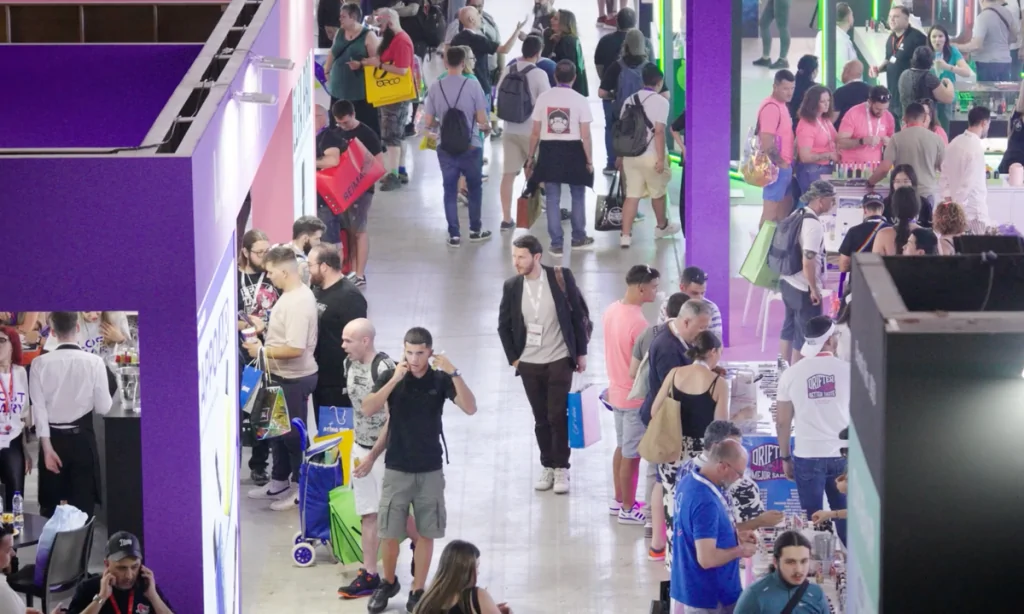 Vapexpo Spain 2024 bustling exhibition hall of visitors exploring vape exhibition stands