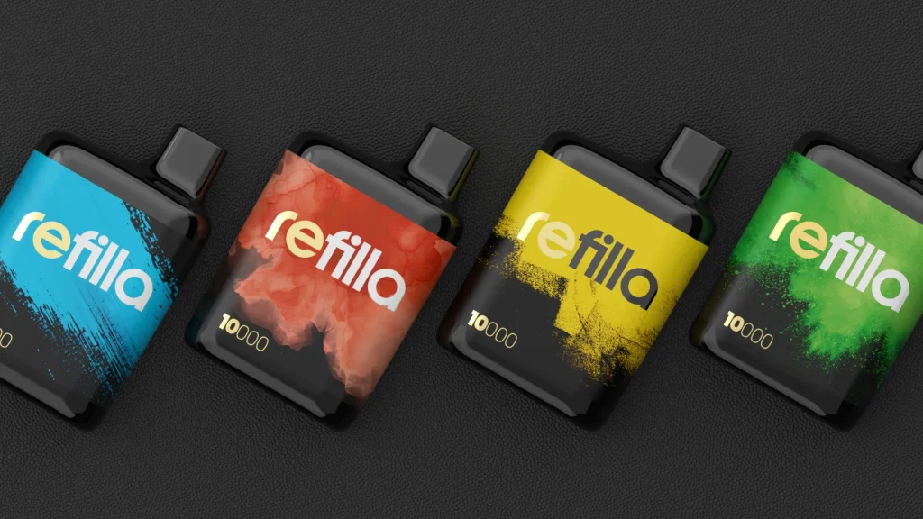 four colours of refilla vaporisers sat next to each other - blue, red, yellow and green