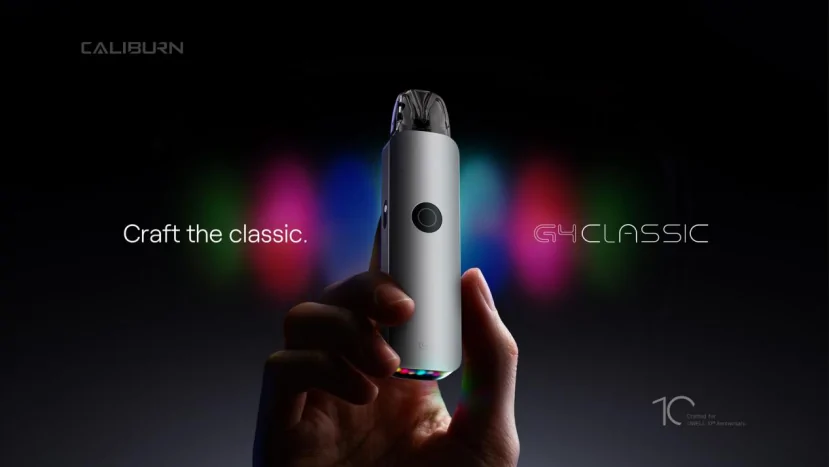 silver caliburn g4 classic vape pod device held up by a hand